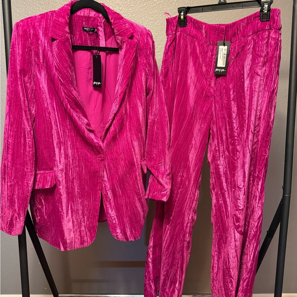 NASTY GAL Vibrant Pink Velvet Blazer and Pants Set